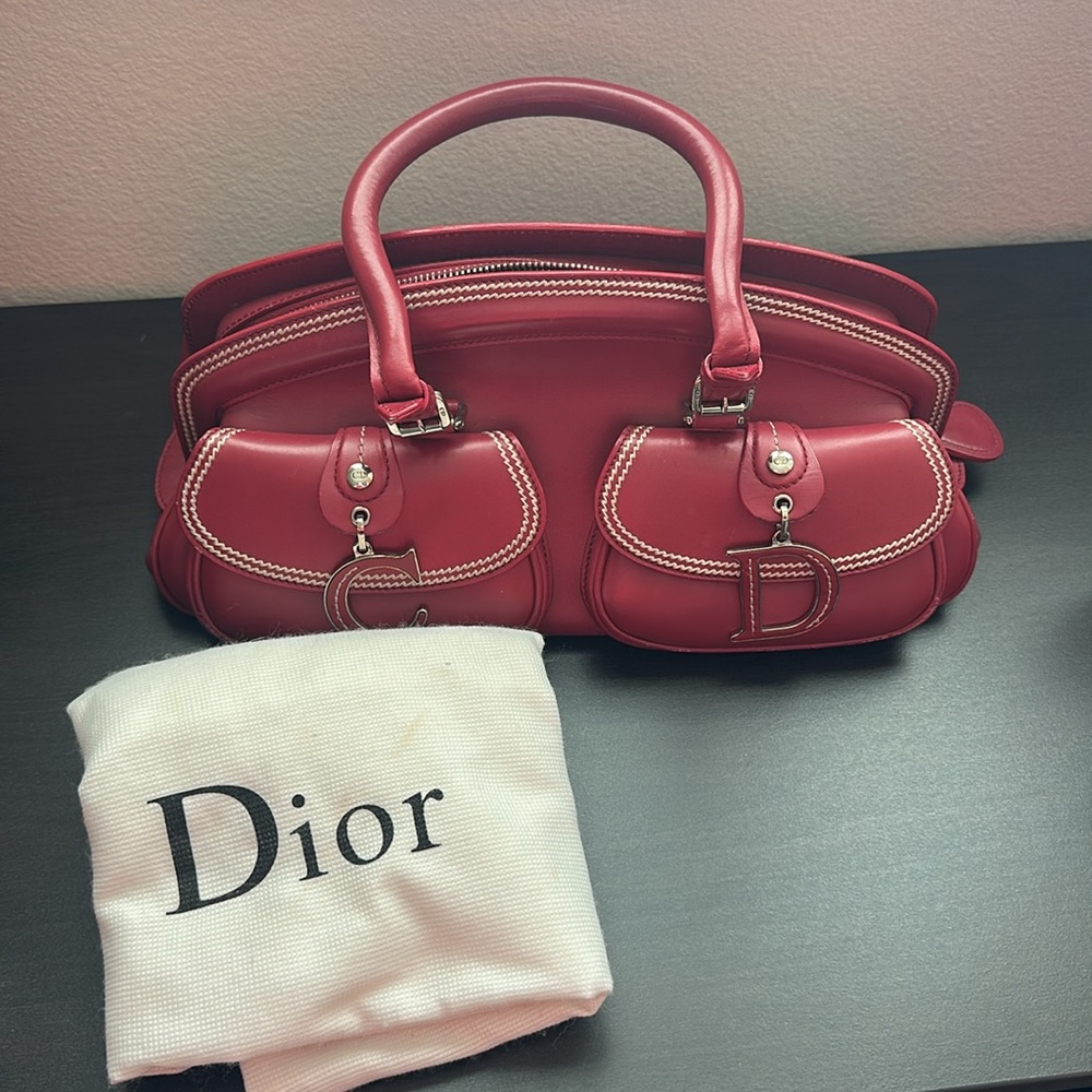 Dior Double Saddle Detective Burgundy Red Leather Handbag Contrast Stitching